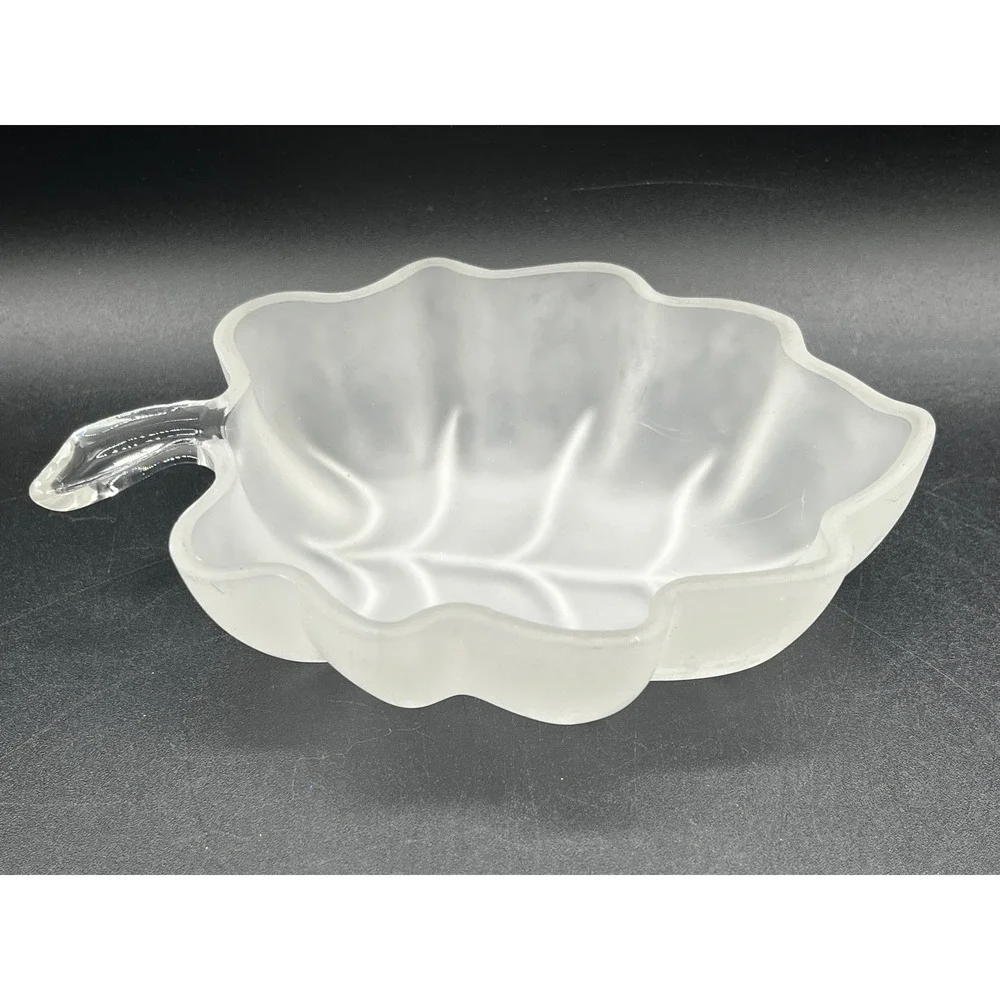 Vtg Frosted Glass Leaf Shaped Nut Trinket Dish Clear Stem Handle 6x4 in